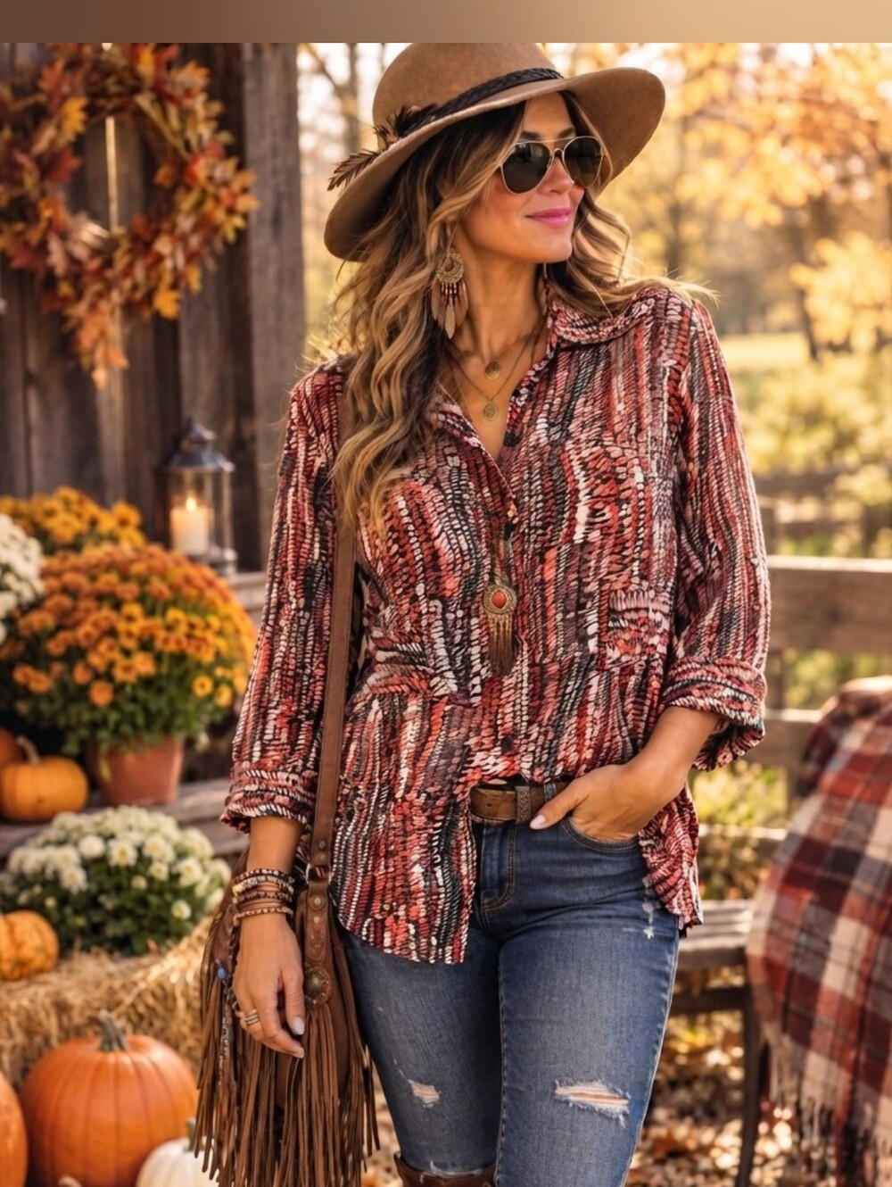 Essentials by Milano Rust and Cream Printed Button-Front Shirt Size S